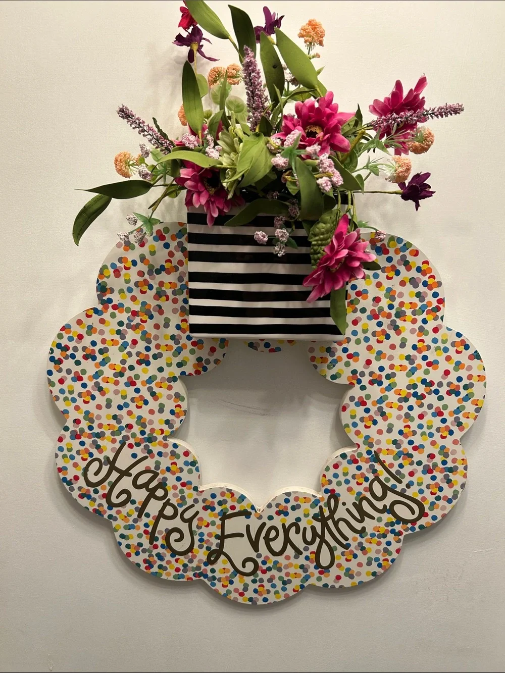 Happy Everything Coton Colors Wood Confetti Decorative Wreath with Floral Accent
